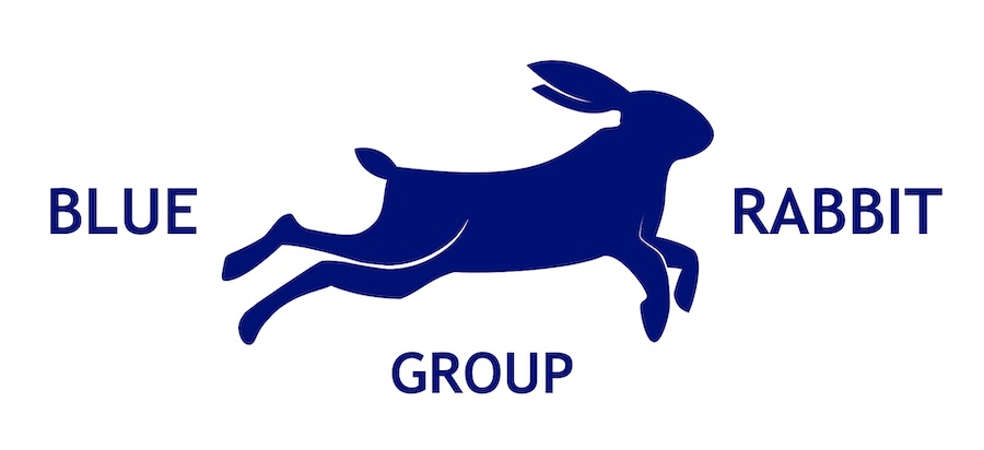 Blue rabbit silhouette logo with company name