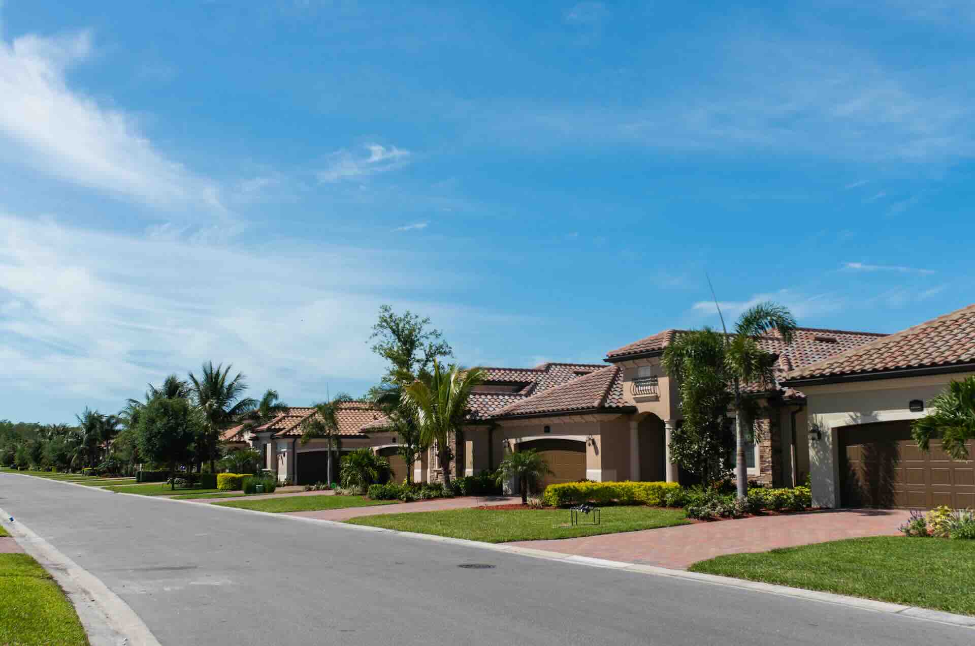 Suburban street with Mediterranean-style homes and palm trees