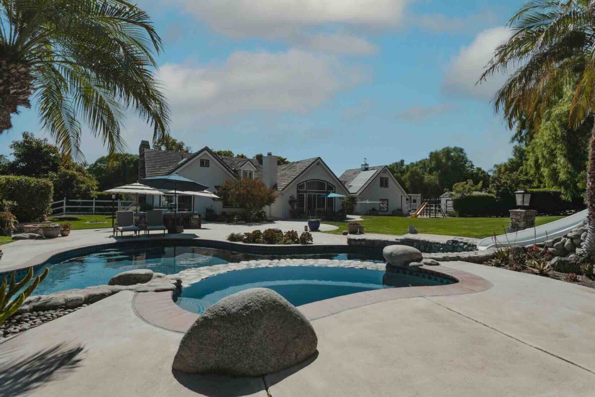 Luxury home backyard with pool and palm trees